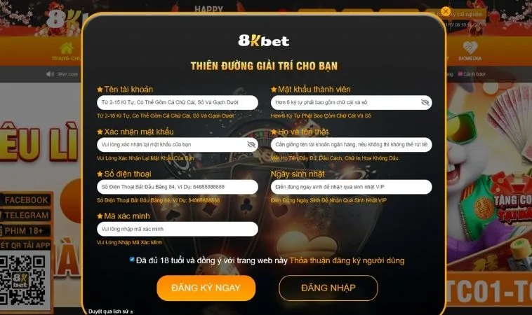 Biểu mẫu đăng ký 8KBet 