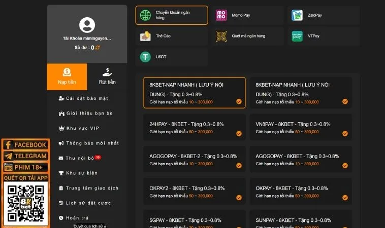 Các phương thức hỗ trợ nạp tiền 8KBet